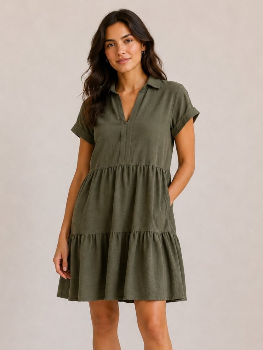 Tahari Olive Green Tiered Mini Dress Womens Small Collared Short Sleeve Recycled